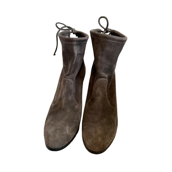 Stuart Weitzman Gray Microsuede Stretch Ankle Tie Heeled Booties Size 10 - Picture 4 of 10